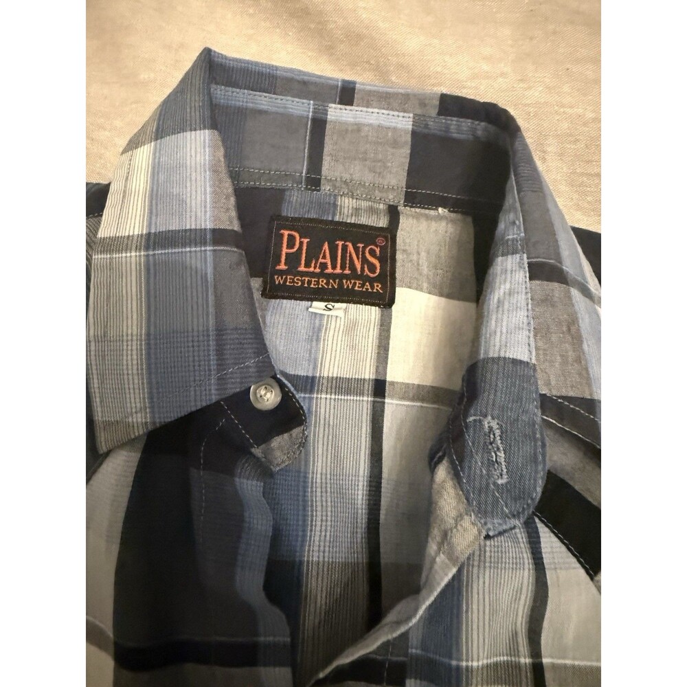 Plains Western Wear Shirt Mens Small Blue Plaid Pearl Snap Button Western